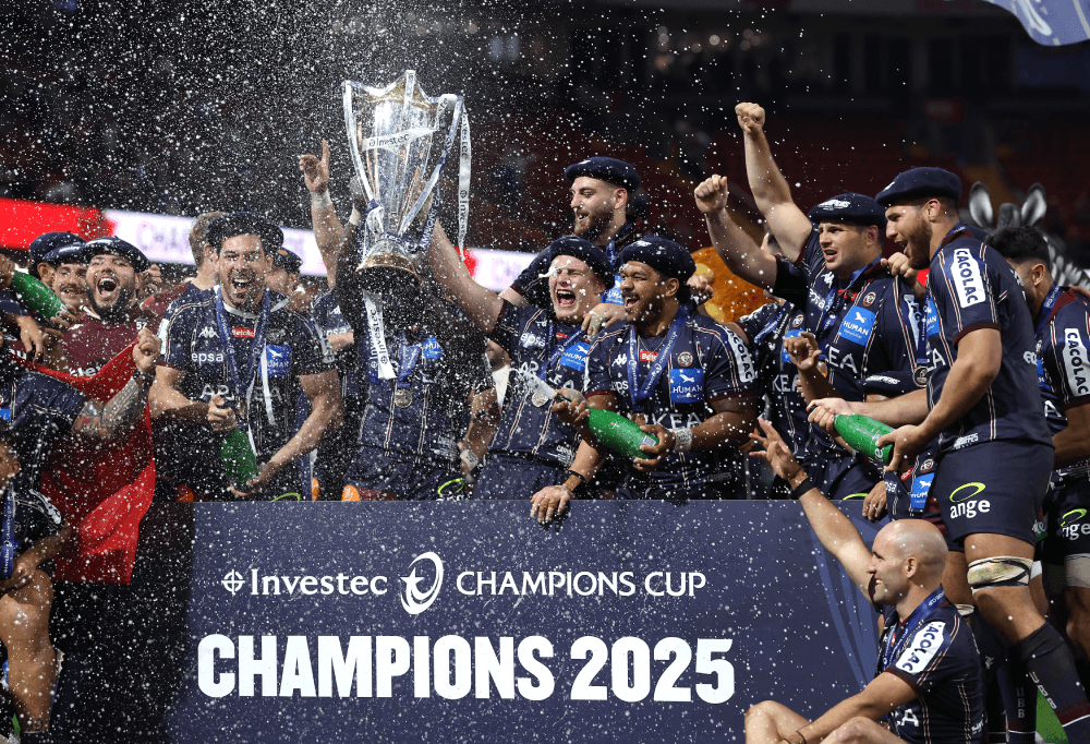 Pete Samu celebrates winning the Champions Cup with  Bordeaux-Begles (Source: Getty)