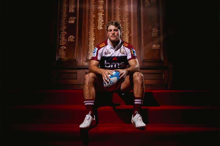 Reds flanker Fraser McReight in the Great Hall at his alma mater Brisbane Grammar School. Photo: Erick Lucero