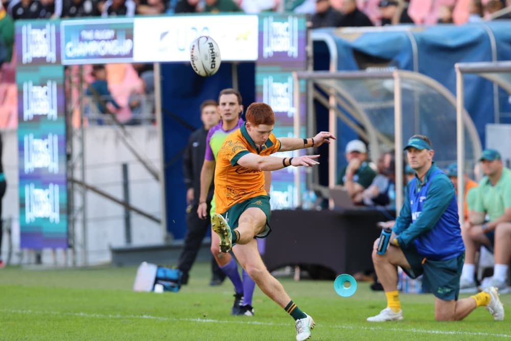 Sid Harvey kicked the conversion after the siren to draw the game for Australia against New Zealand. Photo: Getty Images