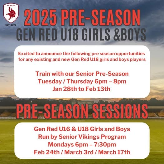 GenRed U18 & U16 Boys and Girls Pre-season Mondays 6pm - 7:30pm Feb 24th / Mar 3rd / Mar 17th  