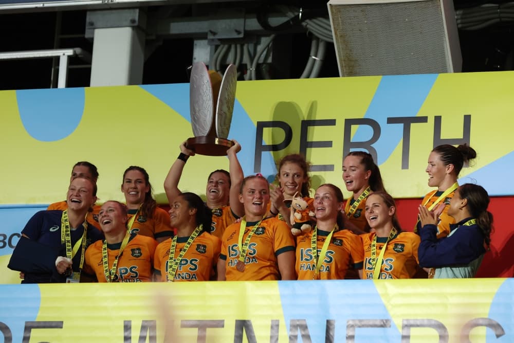 Australia reacts to their remarkable Perth title win. Photo: Getty Images