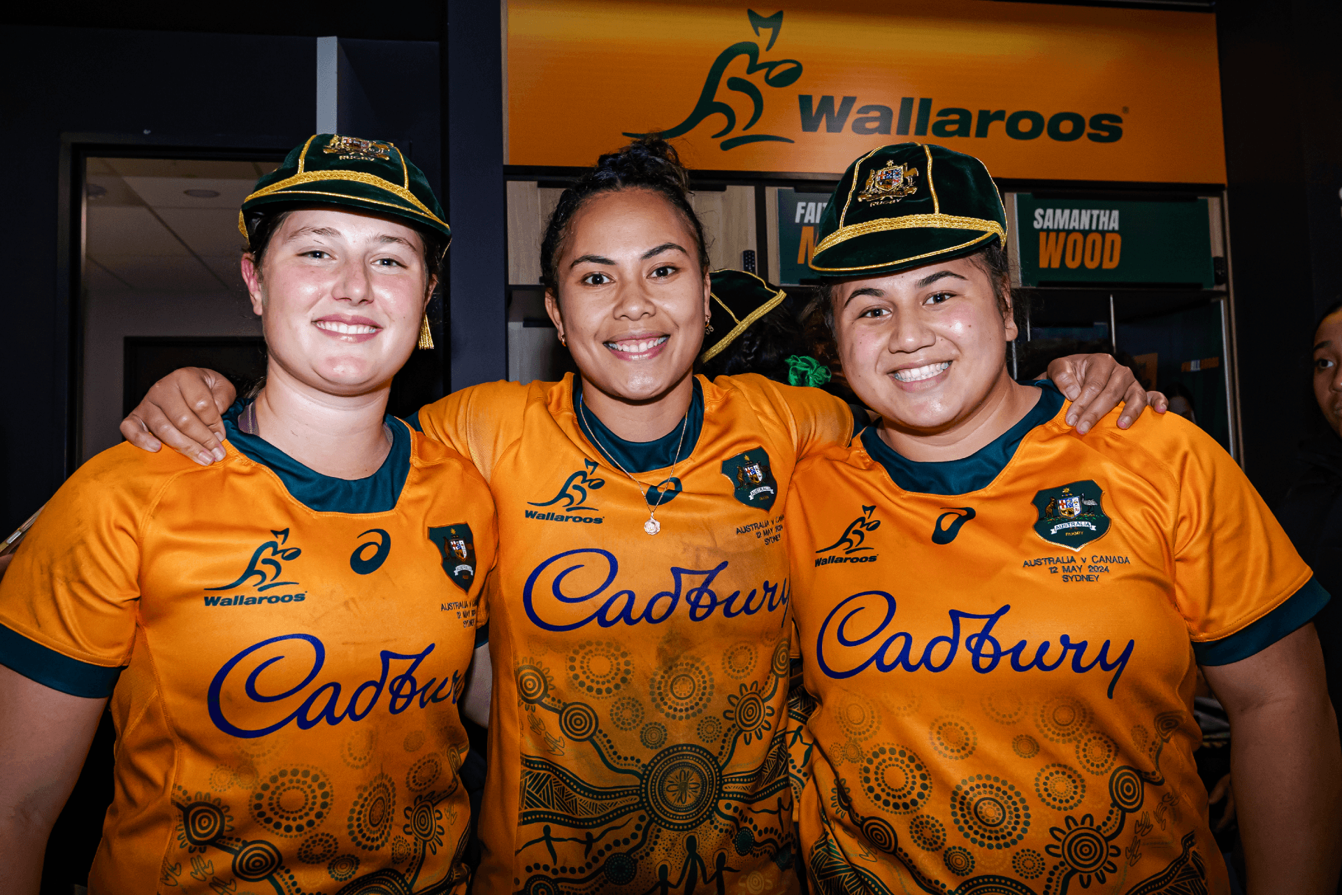 Sammy Wood, Trilleen Pomare and Hera-Barb Malcolm Heke after the Wallaroos Test against Canada where Wood and Malcolm Heke debuted