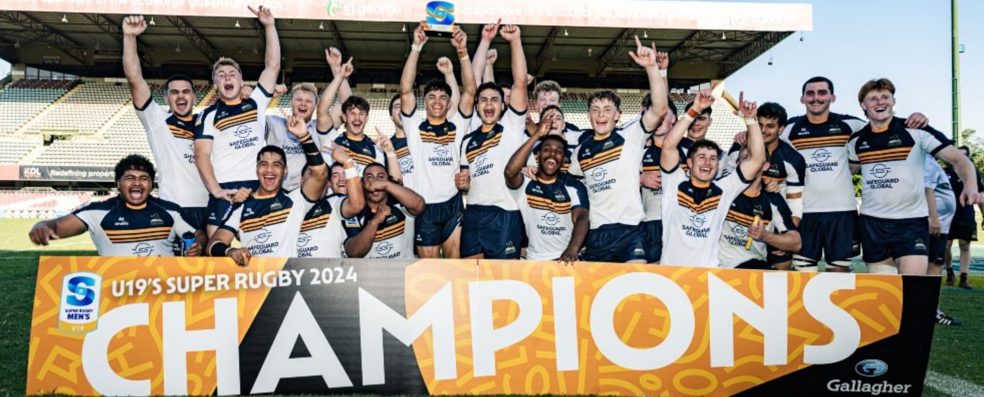 ACT Brumbies celebrate their 40-31 win over Queensland Reds in the 2024 Super Rugby U19s grand final. Picture: Brendan Hertel