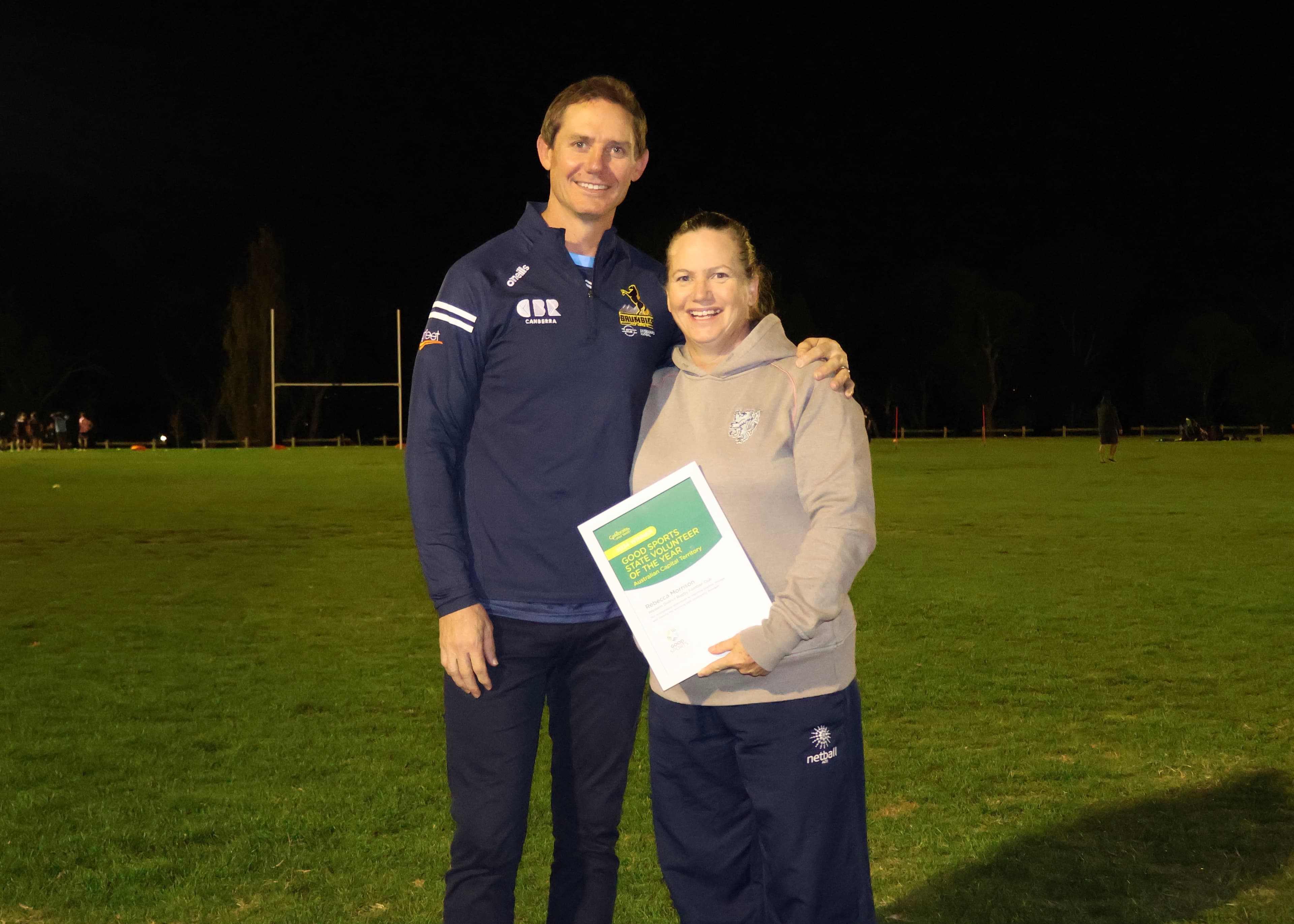 2024 Good Sports ACT Volunteer of the Year Rebecca Morrison and Stephen Larkham.