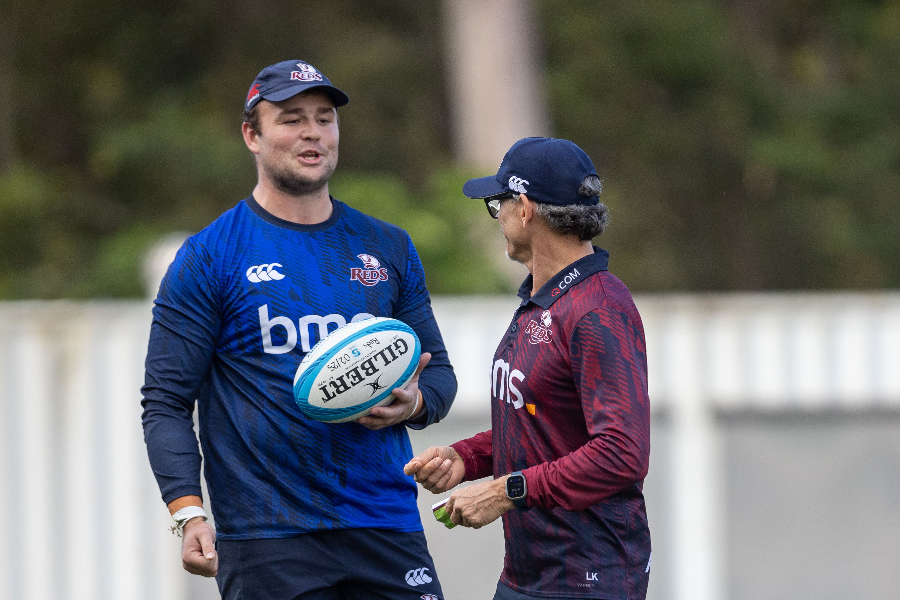 Harry Wilson with Les Kiss during Queensland Reds' 2025 pre-season training. Picture: QRU Media Unit