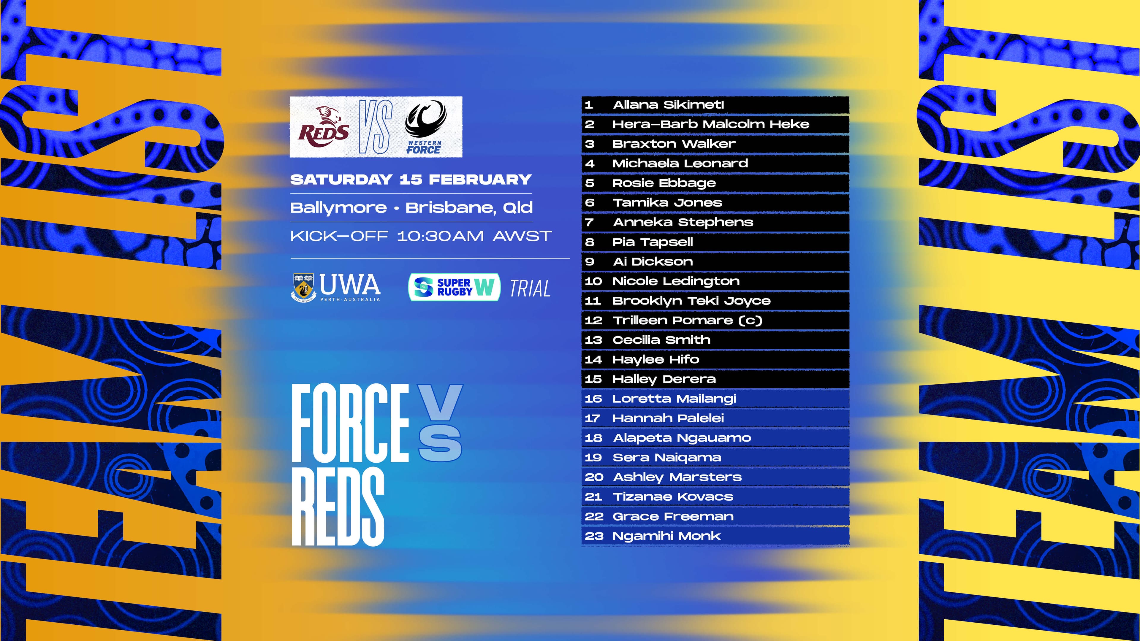 Team List Force v Reds trial Super W