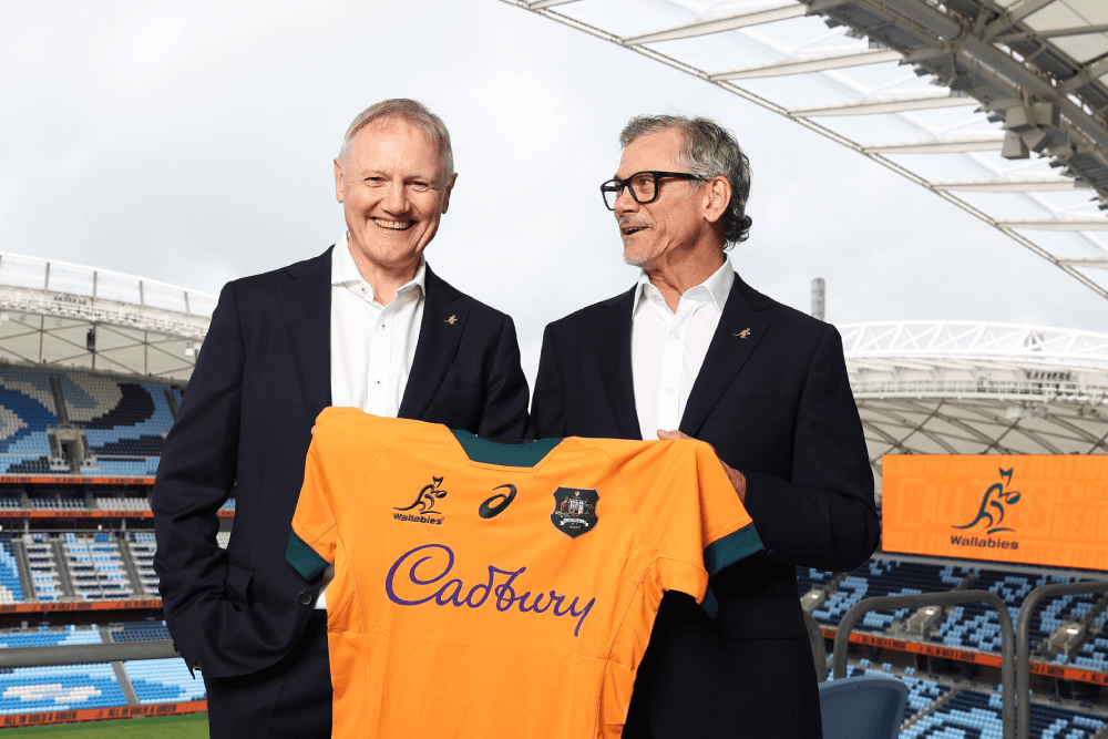 SYDNEY, AUSTRALIA - APRIL 30: Current Wallabies Head Coach Joe Schmidt (L) and incoming Wallabies Head Coach Les Kiss (R) pose during a media opportunity at Allianz Stadium on April 30, 2025 in Sydney, Australia. Rugby Australia today announced Kiss as the new head coach of the Wallabies. (Photo by Matt King/Getty Images)