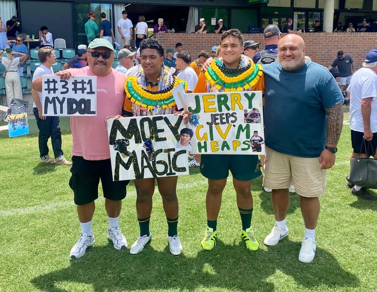 Queensland's Australia U16s props Moses Faleafa (second from left) and Jeremiah Kite flanked by family at Wests Rugby Club today